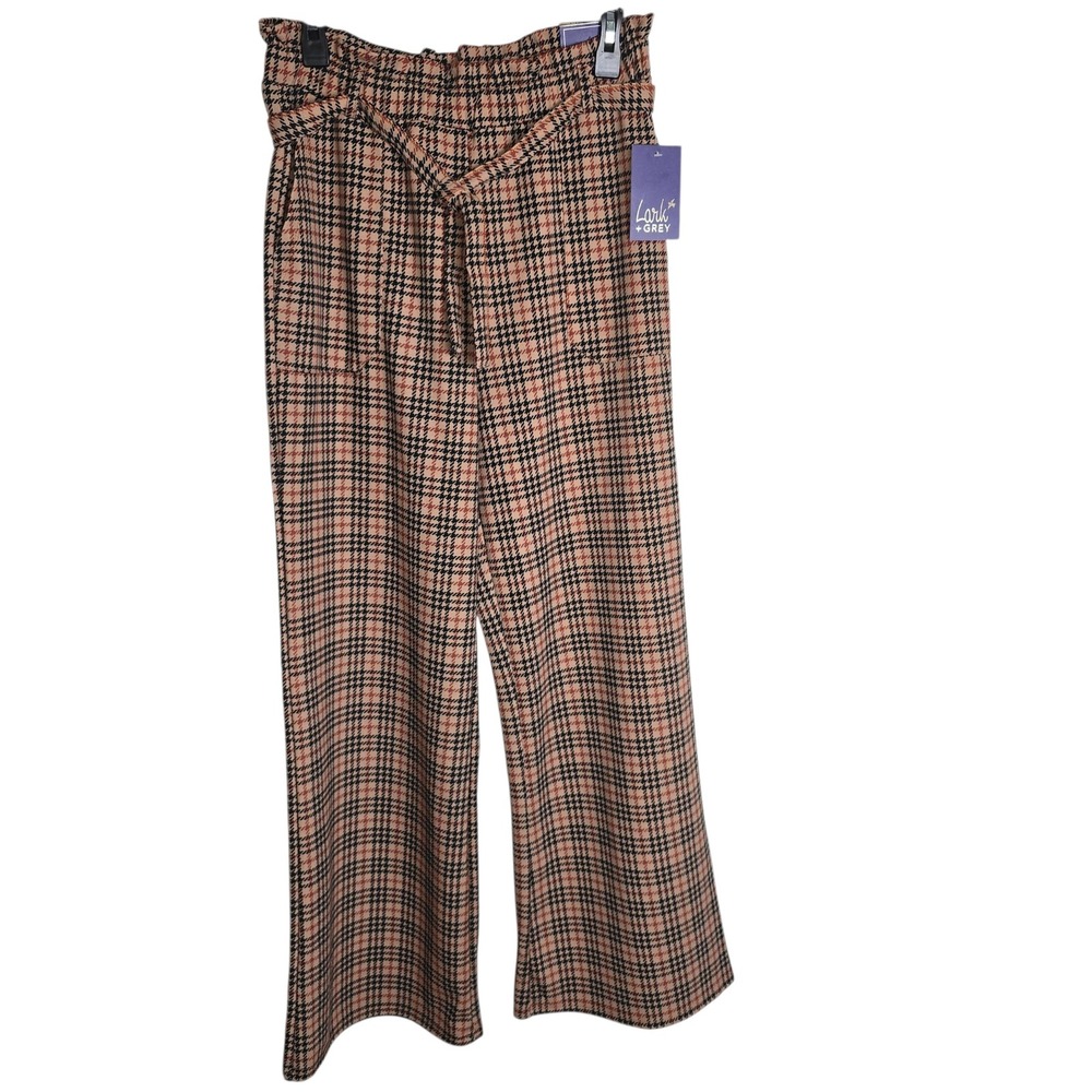 Lark + Grey Womens Plaid Wide Leg Paperbag Waist Pants Tan Black Red Medium NEW
